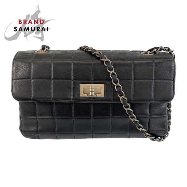 CHANEL シャネル ヴィンテージ チョコバー ブラック 黒 シルバー金具 ラムスキン 6135*...