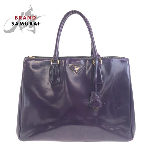 PRADA プラダ ガレリア 三角ロゴプレート パープル ゴールド金具 エナメル トートバッグ ハン...