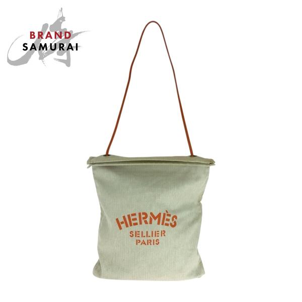 HERMES エルメス アリーヌGM ホワイト オレンジ ゴールド金具 キャンバス/トワルシェブロン...