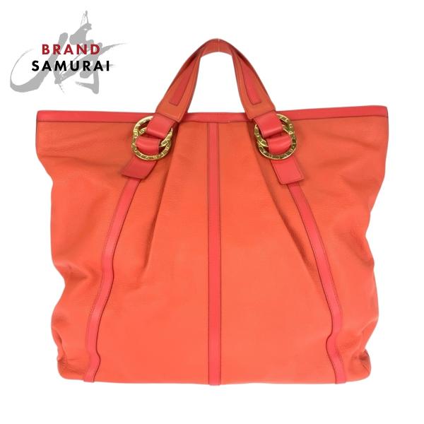 美品 BVLGARI ブルガリ チャンドラ ピンク ゴールド金具 レザー トートバッグ ハンドバッグ...