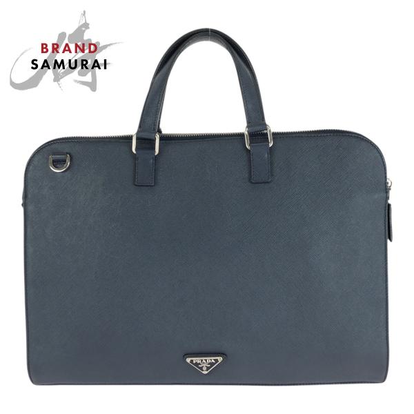 PRADA プラダ サフィアーノ 三角ロゴプレート ネイビー シルバー金具 レザー ビジネスバッグ ...