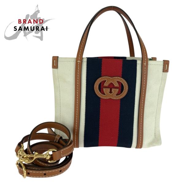 美品 GUCCI グッチ インターロッキング ホワイト ブラウン ゴールド金具 キャンバス ショルダ...
