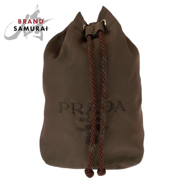 PRADA プラダ テスート ロゴ ブラウン ゴールド金具 ナイロン ポーチ 巾着ポーチ レディース...