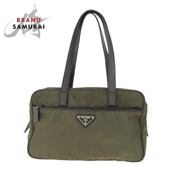 PRADA プラダ テスート 三角ロゴプレート カーキ ブラウン シルバー金具 ナイロン/レザー ト...