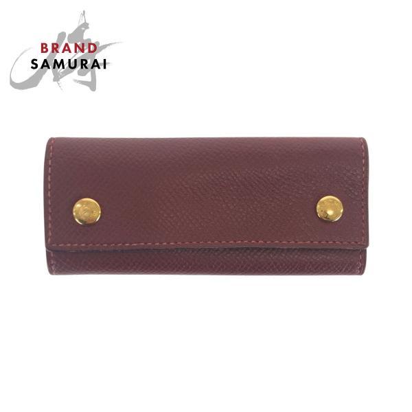 美品 HERMES エルメス ワインレッド ボルドー ゴールド金具 レザー キーケース 4連 男女兼...