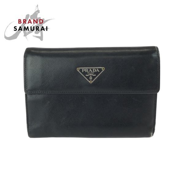 PRADA プラダ サフィアーノ 三角ロゴプレート ブラック 黒 シルバー金具 レザー 折財布 コン...