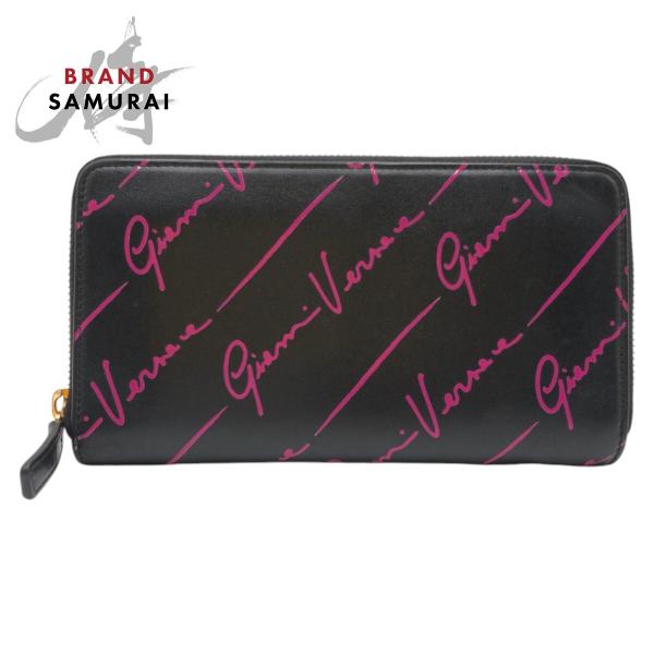 美品 VERSACE ヴェルサーチ ブラック ピンク レザー 長財布 ロングウォレット レディース ...