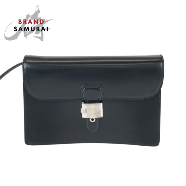 美品 Dunhill ダンヒル ブラック 黒 シルバー金具 レザー セカンドバッグ クラッチバッグ ...