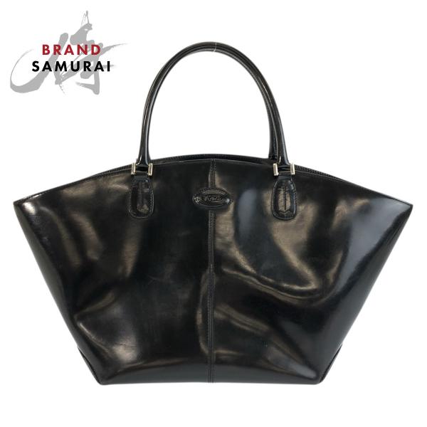 TOD’S トッズ ブラック 黒 レッド シルバー金具 エナメル 8304 トートバッグ ハンドバッ...