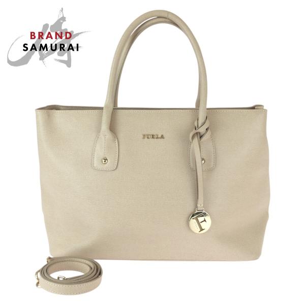 美品 Furla フルラ 2way ベージュ ゴールド金具 レザー ショルダーバッグ トートバッグ ...