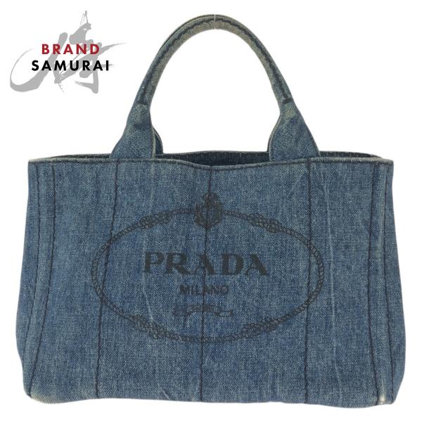 PRADA プラダ カナパ 三角ロゴプレート ブルー ゴールド金具 デニム トートバッグ ハンドバッ...