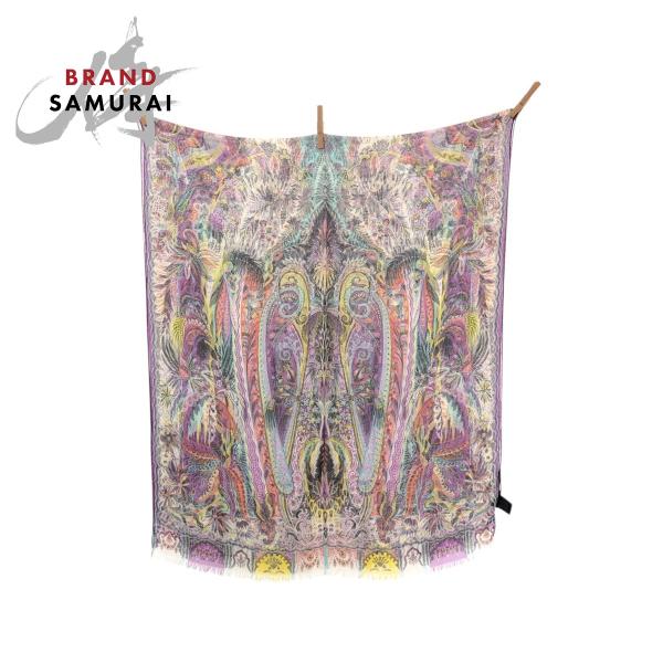 美品 ETRO エトロ ペイズリー柄 パープル イエロー ホワイト シルク スカーフ ストール レデ...