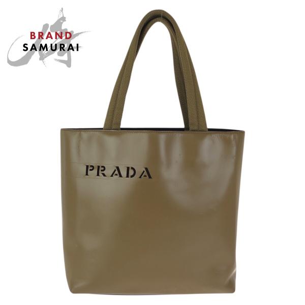 美品 PRADA プラダ ロゴ型抜き カーキ レザー トートバッグ ハンドバッグ レディース 601...