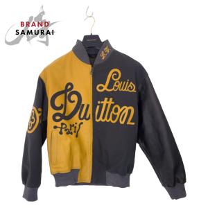 美品 LOUIS VUITTON ルイヴィトン レザーボンバー ジップアップジャケット サイズ48 イエロー グレー バーシティジャケット 601861