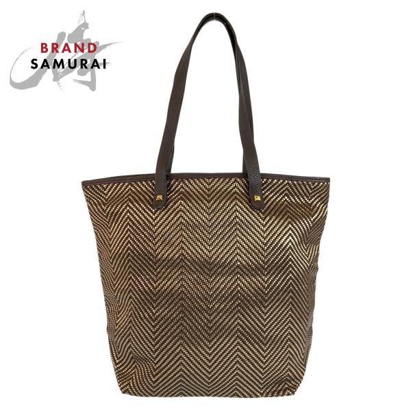 美品 HERMES エルメス カバ チェンナイ ブラウン ゴールド ポリエステル/レザー トートバッ...
