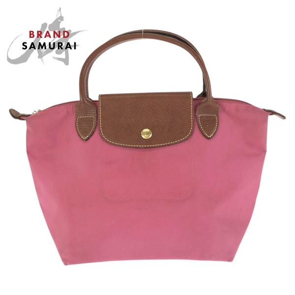 美品 Longchamp ロンシャン ル プリアージュ ピンク ブラウン ゴールド金具 ナイロン/レ...