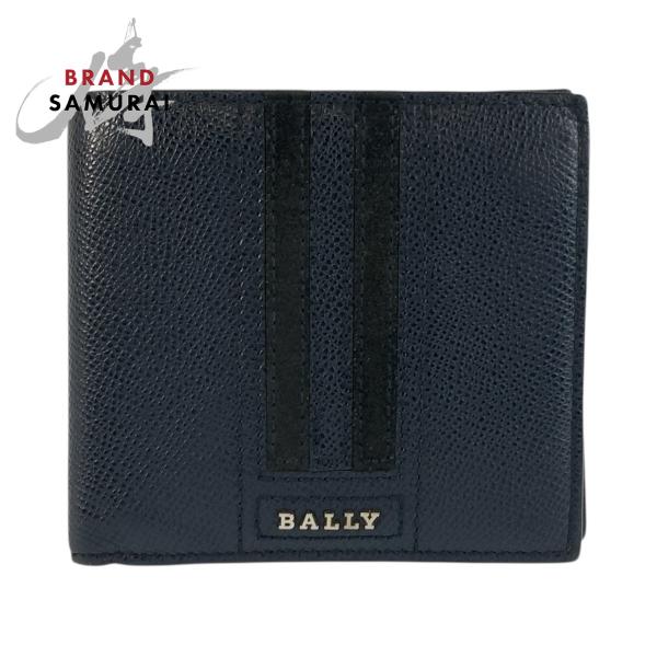 美品 BALLY バリー ネイビー シルバー金具 レザー 折り財布 コンパクトウォレット メンズ 6...