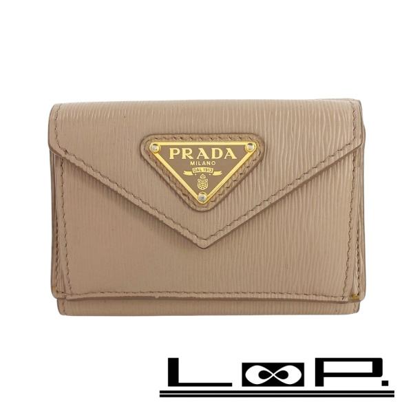 ■中古■　プラダ トライアングルロゴ 三つ折り 財布 ウォレット レザー ベージュ 【338946】...