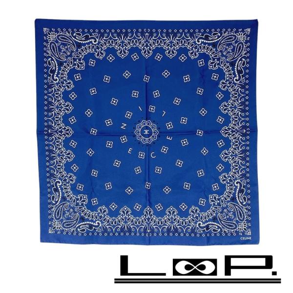 ■新同■　セリーヌ スカーフ ペイズリー ファッション シルク ブルー ホワイト 箱 【365393...