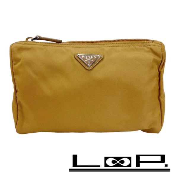 ■美品■　プラダ トライアングルロゴ ポーチ 小物入れ 化粧 メイク テスート ナイロン キャメル ...