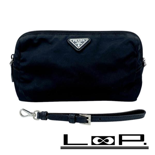 ■中古■　プラダ トライアングルロゴ ポーチ ストラップ 小物入れ 化粧 メイク テスート ナイロン...