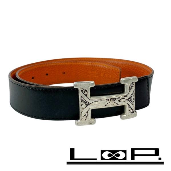 ■中古■　エルメス トゥアレグ ベルト ビジネス レザー SS シルバー ブラック オレンジ □H刻...