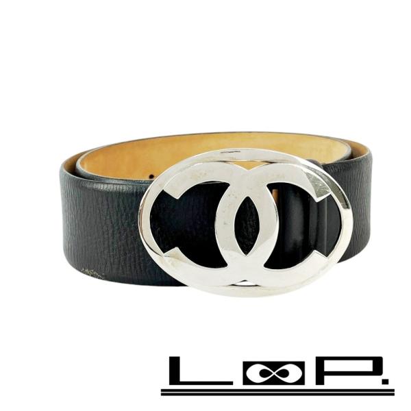 ■中古■　シャネル ベルト ココ ファッション レザー SS ブラック シルバー 06A #80 【...