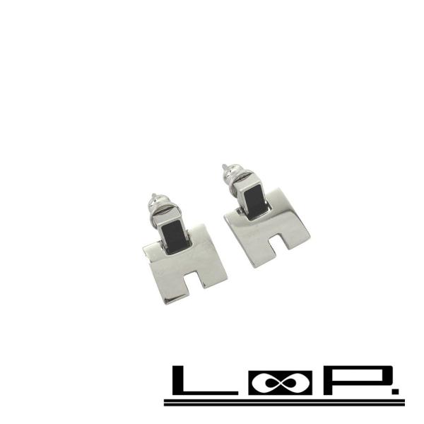 ■美品■　エルメス アイリーン ピアス アクセサリー Hロゴ ブラック シルバー SS ST1127...