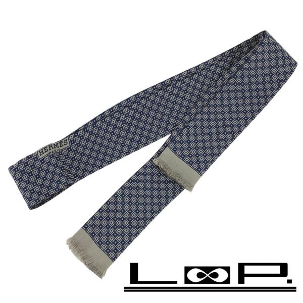 ■新同■　エルメス フラールタイ ロングタイ スカーフ フリンジ シルク ネイビー グレー 箱 【4...