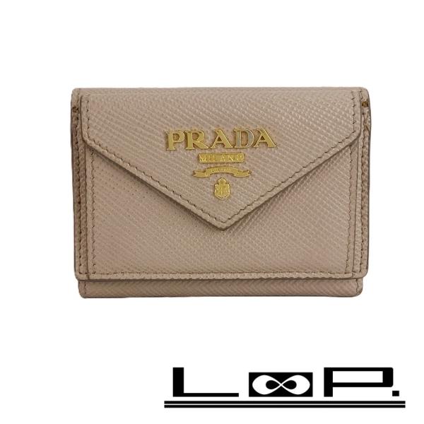 プラダ ■中古■ 三つ折り コンパクト ウォレット 財布 サイフ レザー ピンク ゴールド 1MH0...