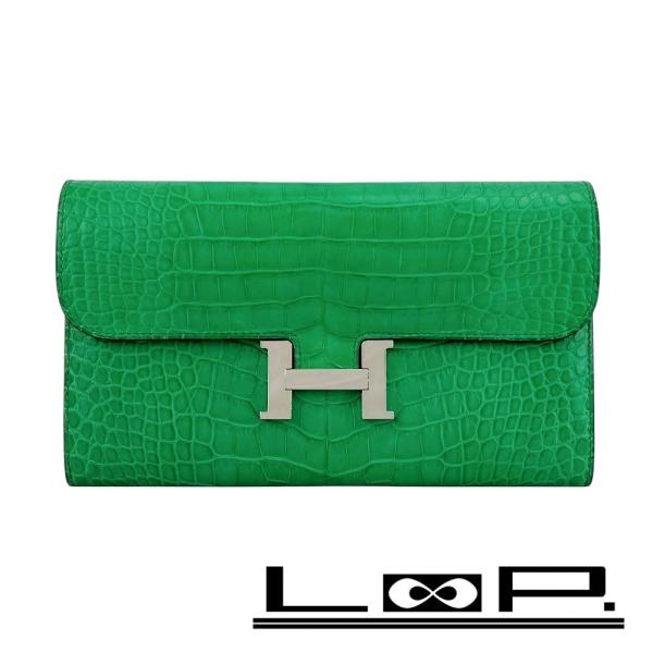 エルメス ■美品■ コンスタンス ロング ウォレット 長財布 クロコ アリゲーターマット カクタス ...