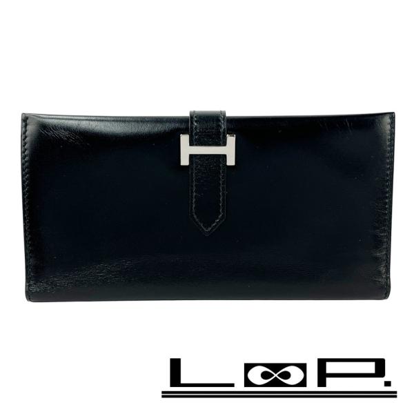 エルメス ■中古■ ベアン クラシック 長財布 二つ折り ウォレット ボックスカーフ ブラック □D...