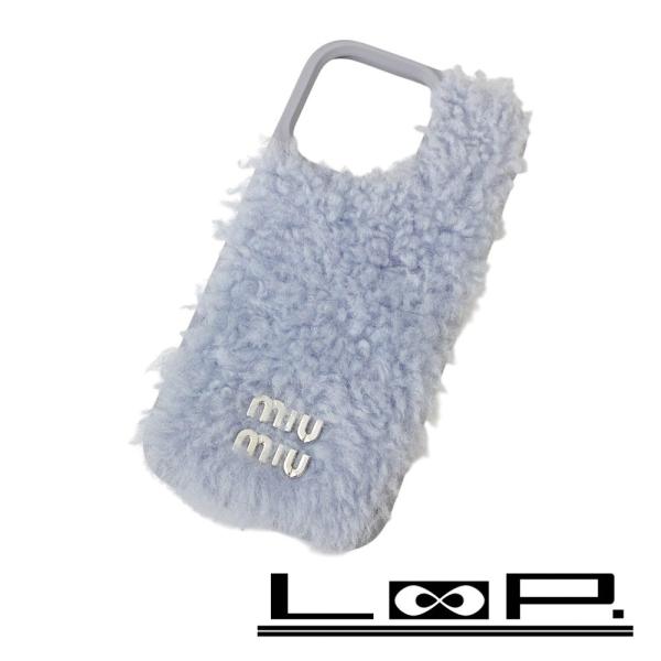 ミュウミュウ ■未使用■ スマホ iPhone 14Pro ケース シープ ファー 羊毛 ブルー 5...
