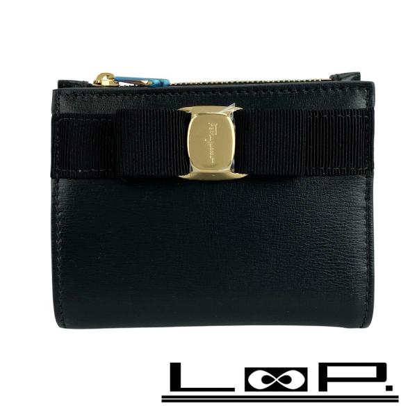 フェラガモ ■未使用■ ヴァラ リボン 二つ折り ウォレット 財布 サイフ レザー ブラック 22E...