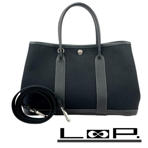 エルメス ■美品■ ガーデンパーティTPM ハンド ショルダー バッグ キャンバス レザー 黒 □H...