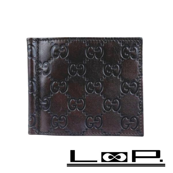 グッチ ■新同■ シマ 二つ折り マネークリップ 札入れ カード 財布 ウォレット レザー ブラウン...