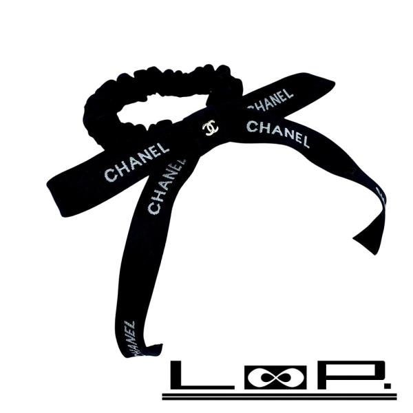 シャネル ■美品■  リボンシュシュ ヘアゴム ヘアアクセサリー ロゴ ココマーク シルク ブラック...