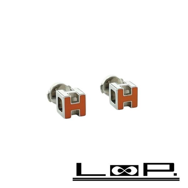 エルメス ■美品■ カージュドアッシュ ピアス アクセサリー H キューブ メタル オレンジ シルバ...