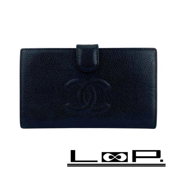 シャネル ■美品■ 二つ折り長財布 ウォレット がま口 ココマーク キャビアスキン ブラック ゴール...