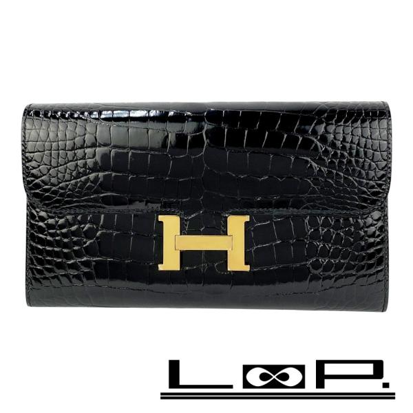 エルメス ■美品■ コンスタンス ロング 長財布 ウォレット クロコ アゲリーター ブラック A刻 ...