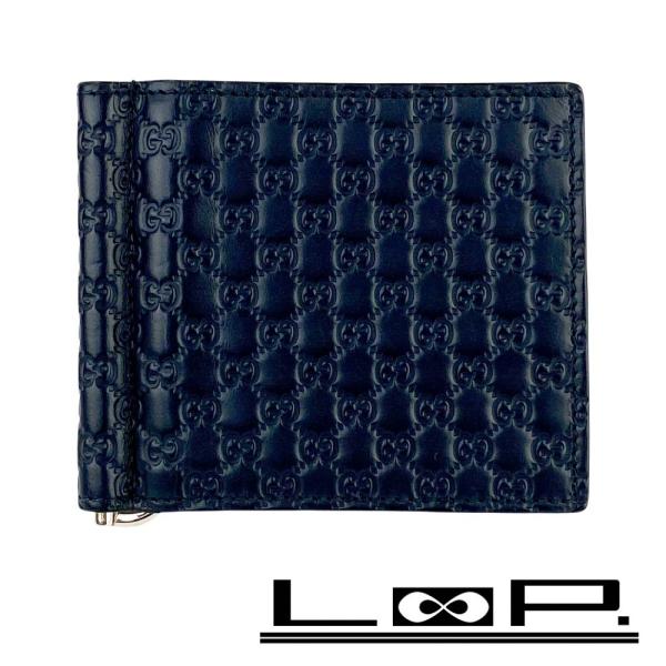 グッチ ■美品■ マイクロ グッチ シマ マネークリップ 二つ折り 財布 レザー ネイビー 5444...