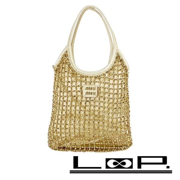 ミュウミュウ ■新同■ チェーン 2WAY ハンド ショルダーバッグ カバン シルク ビーズ ベージ...