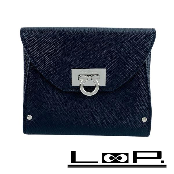 フェラガモ ■新同■ 二つ折り 財布 Wフラップ ウォレット ガンチーニ レザー SS ブラック シ...