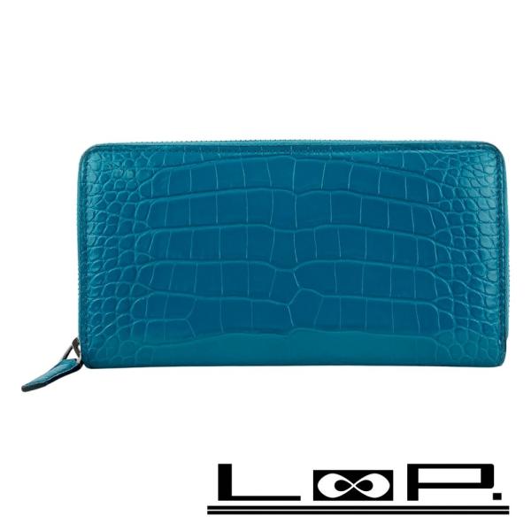 グッチ ■美品■ ラウンドファスナー 長財布 ウォレット ネーム入り クロコダイル ターコイズブルー...