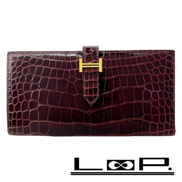 エルメス ■中古■ ベアンスフレ ウォレット 二つ折り 長財布 アリゲーター レッド Z刻 【651...