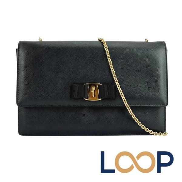 フェラガモ ■美品■ ヴァラ リボン チェーン ショルダー バッグ レザー GP ブラック ゴールド...