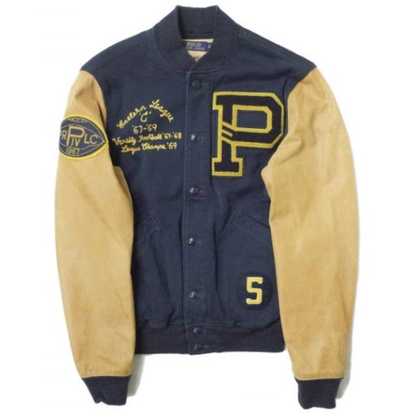 POLO RALPH LAUREN ポロラルフローレン カウレザーレターマンジャケット S ネイビー...