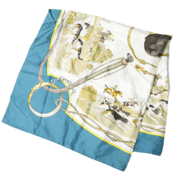HERMES エルメス カレ90 MEUTES ヴィンテージ 猟犬 シルクスカーフ BLUE 馬柄 ...