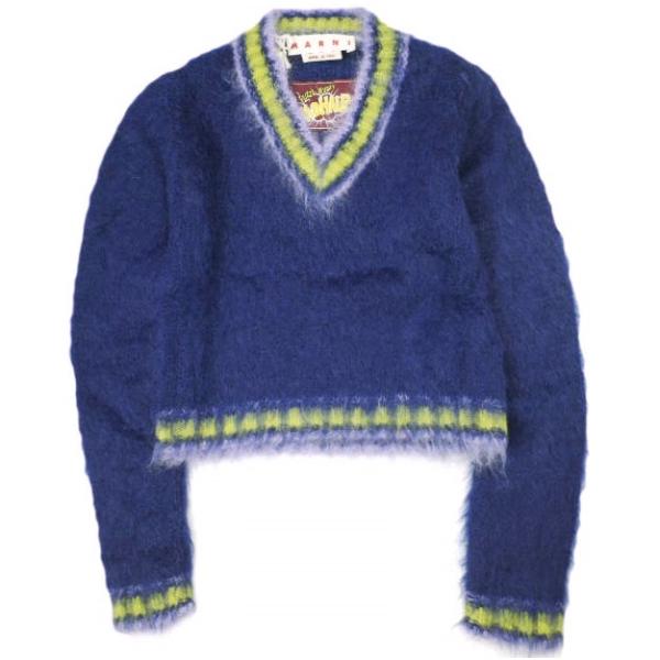 新品 MARNI マルニ 23AW FUZZY WUZZY ブルーストライプトリムモヘヤジャンパー ...