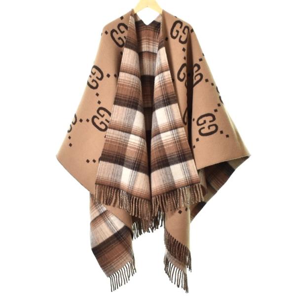 GUCCI グッチ イタリア製 GGロゴ リバーシブルポンチョ 145x185cm BROWN/BE...